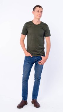 Studio shot of man wearing casual clothing isolated against white background