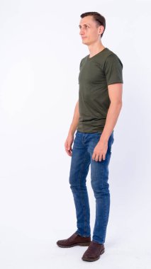 Studio shot of man wearing casual clothing isolated against white background