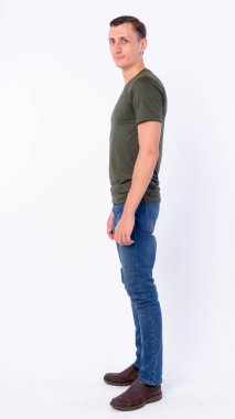 Studio shot of man wearing casual clothing isolated against white background