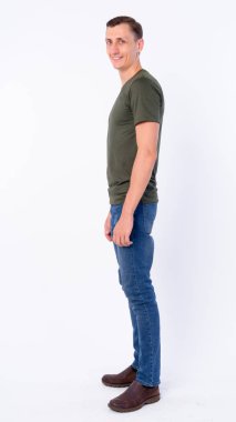 Studio shot of man wearing casual clothing isolated against white background