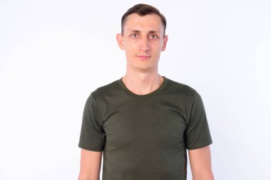 Studio shot of man wearing casual clothing isolated against white background