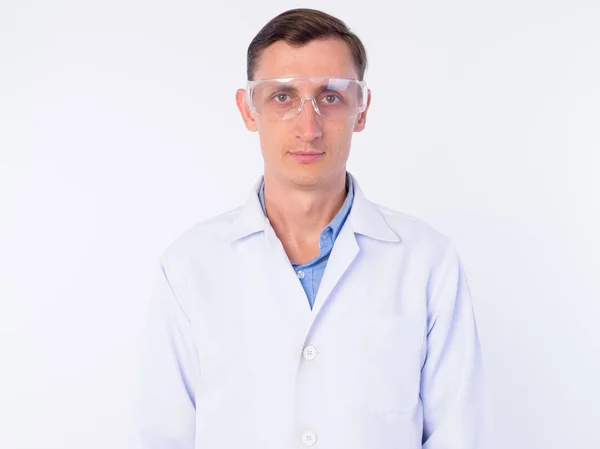 Rostro del hombre médico como científico con gafas protectoras —  Fotos de Stock
