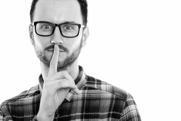 Black White Studio Portrait Handsome Young Man Beard — Photo