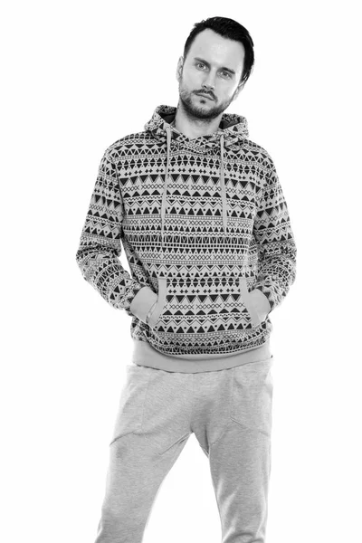 Black White Studio Portrait Handsome Young Man Beard — Photo