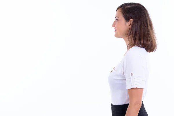 Perfil vista de feliz hermosa mujer de negocios sonriendo —  Fotos de Stock