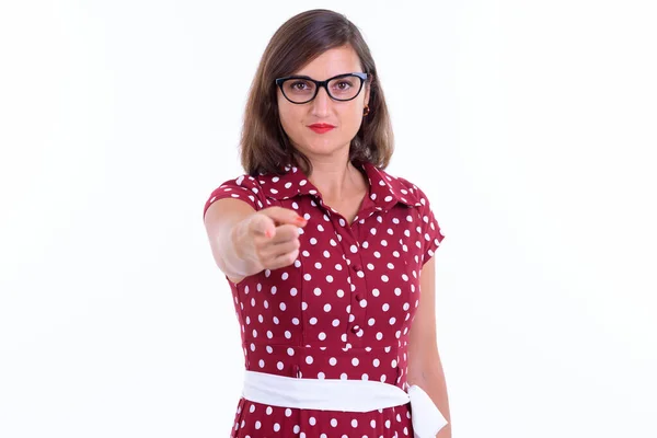 Portrait of beautiful woman with eyeglasses pointing at camera — 스톡 사진