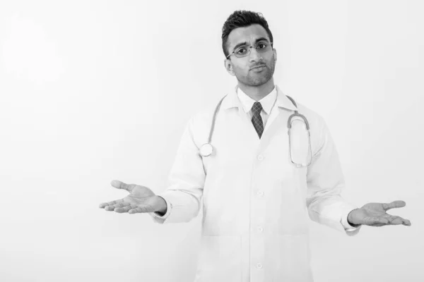 Studio Shot Young Handsome Indian Man Doctor White Background — Stock Photo, Image