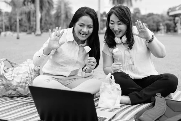 Dos mujeres asiáticas maduras juntas en el parque relajante y el uso de ordenador portátil — Foto de Stock