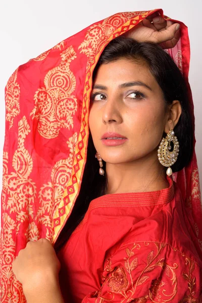 Face of young beautiful Persian woman thinking in traditional clothing — Stock Photo, Image