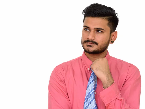 Νεαρός όμορφος Ινδός επιχειρηματίας σκέφτεται και σχεδιάζει — Φωτογραφία Αρχείου