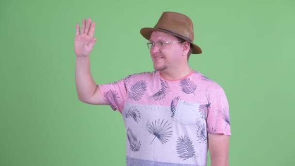 Feliz excesso de peso barbudo turista homem acenando mão — Vídeo de Stock