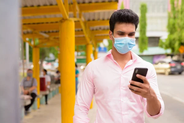 Portrait Young Indian Businessman Mask Protection Corona Virus Outbreak Bus — Stock Fotó