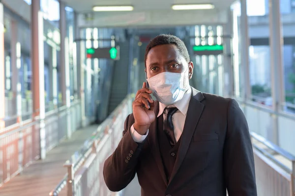 Portrait African Businessman Mask Protection Corona Virus Outbreak Train Station — 图库照片