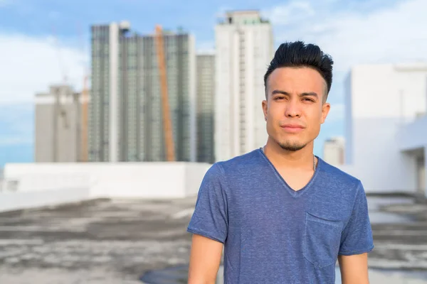 Portrait Young Handsome Multi Ethnic Man View City Rooftop Building — Foto Stock