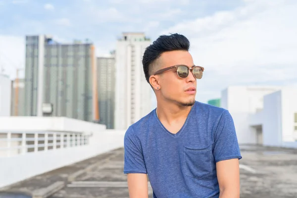 Portrait Young Handsome Multi Ethnic Man View City Rooftop Building — Stock Fotó