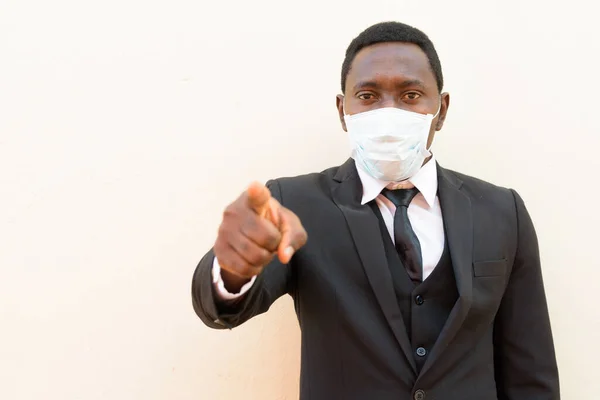 Portrait African Businessman Mask Protection Corona Virus Outbreak White Background — 图库照片