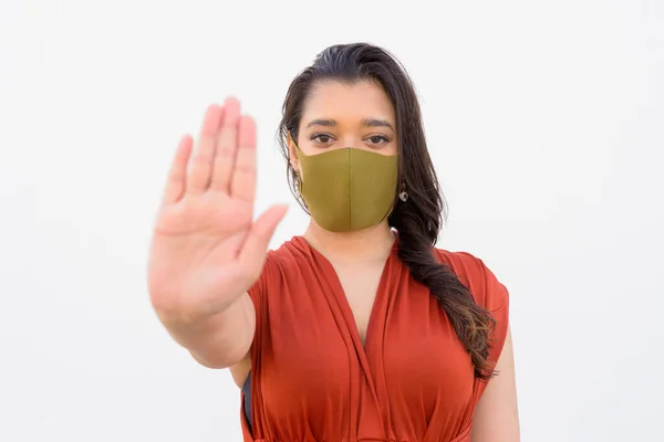 Portrait Young Indian Woman Mask Protection Corona Virus Outbreak White — Stock Fotó