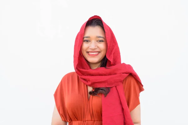 Portrait Young Beautiful Indian Woman Wearing Headscarf White Wall Background — 스톡 사진