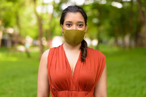 Portrait Young Indian Woman Mask Protection Corona Virus Covid Outbreak — Stock Fotó