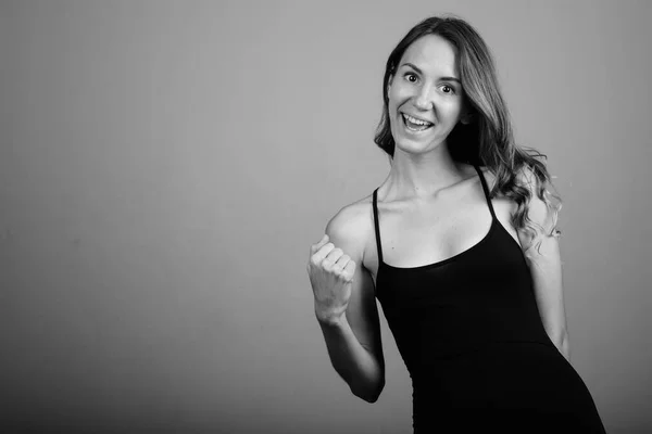 Studio Shot Young Beautiful Woman Wearing Sleeveless Top Gray Background — Stock Photo, Image