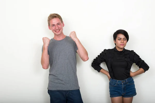 Studio Shot Young Blond Man Young Asian Woman Multi Ethnic — Zdjęcie stockowe