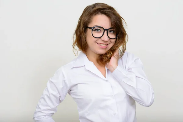 Studio Shot Young Beautiful Businesswoman Brown Hair White Background — Stockfoto