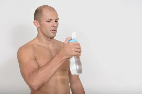 Studio Shot Young Handsome Muscular Bald Man Shirtless White Background — Photo