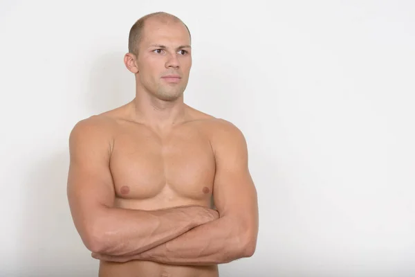 Studio Shot Young Handsome Muscular Bald Man Shirtless White Background — Foto de Stock