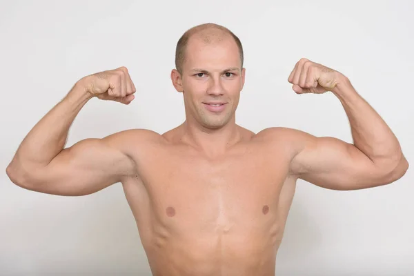 Studio Shot Young Handsome Muscular Bald Man Shirtless White Background — Foto de Stock