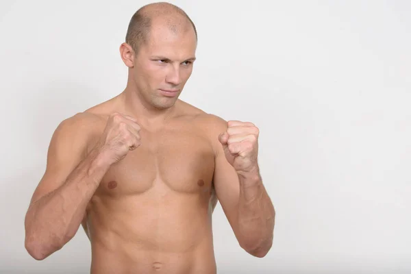 Studio Shot Young Handsome Muscular Bald Man Shirtless White Background — Foto de Stock