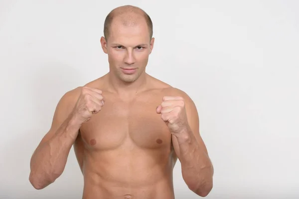 Studio Shot Young Handsome Muscular Bald Man Shirtless White Background — Stock Fotó