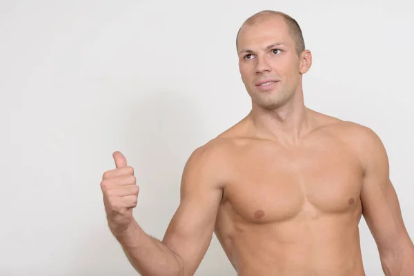 Studio Shot Young Handsome Muscular Bald Man Shirtless White Background — Stock Fotó