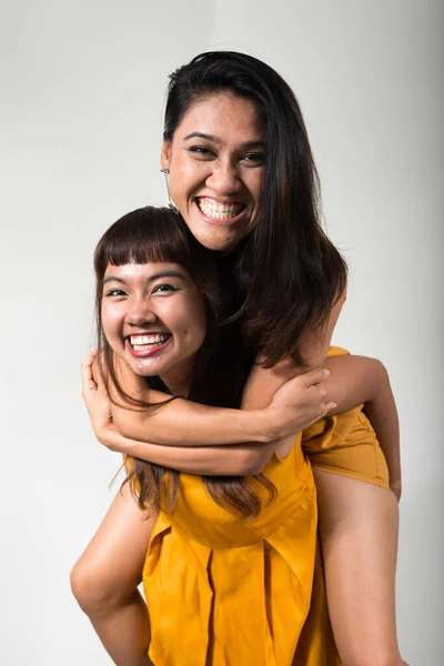 Studio Shot Two Young Asian Women Together White Background — 스톡 사진