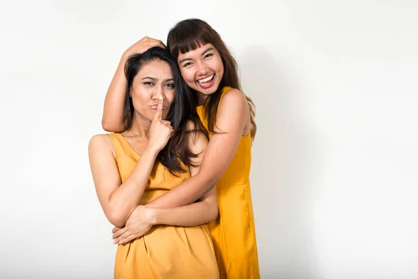 Studio Shot Two Young Asian Women Together White Background — 스톡 사진