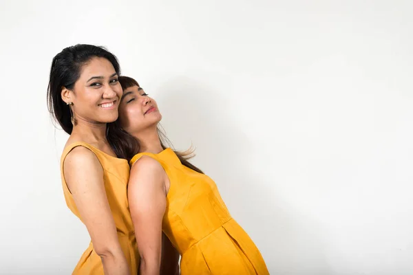 Studio Shot Two Young Asian Women Together White Background — 스톡 사진