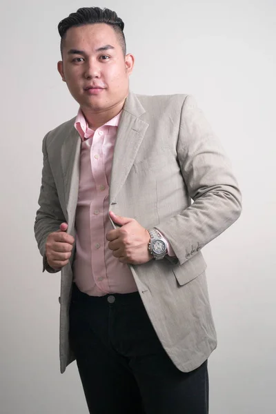 Studio Shot Young Handsome Overweight Filipino Businessman Suit White Background — Stockfoto