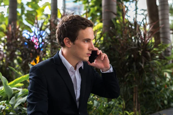 Portrait Young Handsome Businessman Relaxing Park Outdoors — Stockfoto