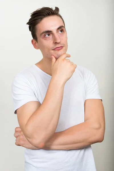 Studio Shot Young Handsome Man Brown Hair White Background — Stockfoto