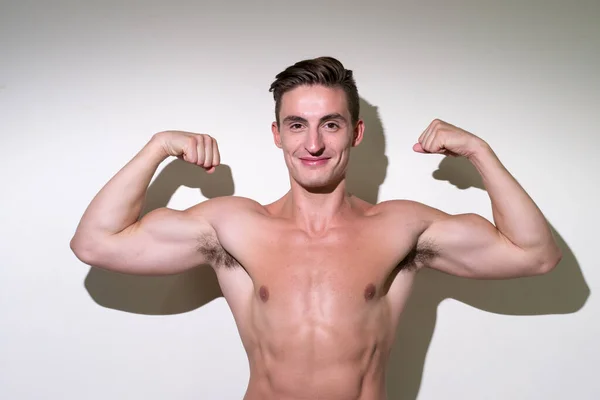 Studio Shot Young Handsome Muscular Man Brown Hair Shirtless White — Zdjęcie stockowe