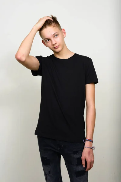 Studio Shot Young Handsome Teenage Boy White Background — ストック写真