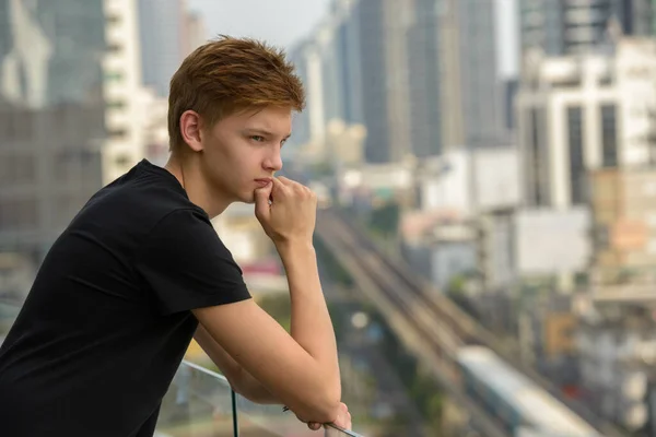 Portrait Young Handsome Teenage Boy View City Outdoors — 스톡 사진