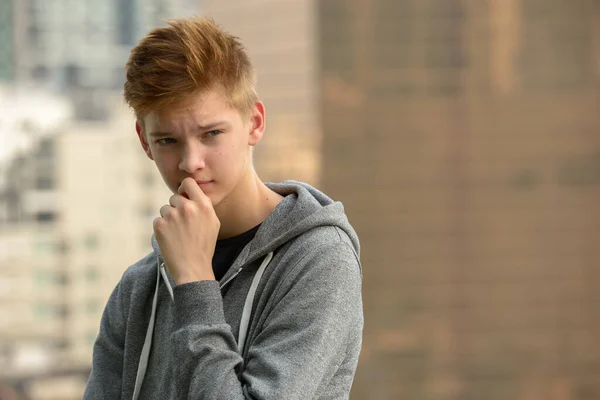 Portrait Young Handsome Teenage Boy View City Outdoors — Stockfoto