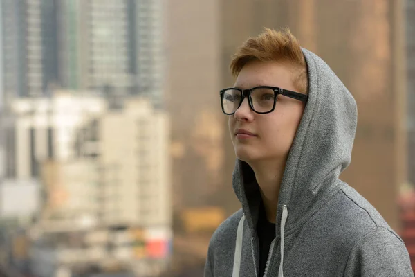Portrait Young Handsome Teenage Boy View City Outdoors — Stockfoto