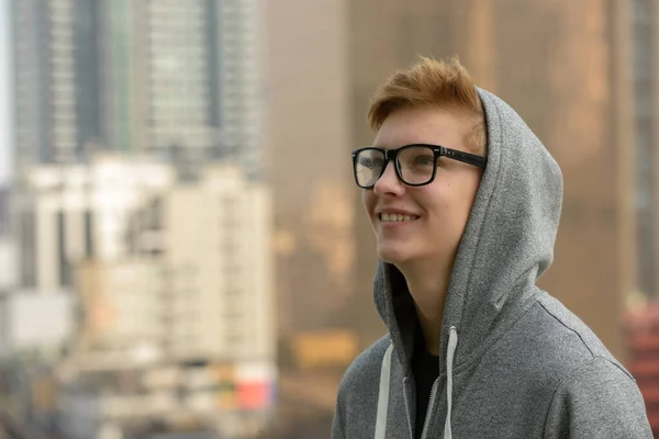 Portrait Young Handsome Teenage Boy View City Outdoors — Stockfoto