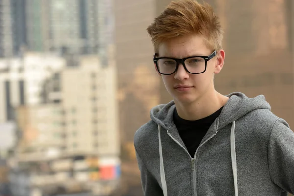 Portrait Young Handsome Teenage Boy View City Outdoors — Stockfoto