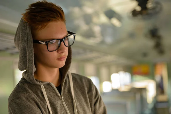 Portrait Young Handsome Teenage Boy Railway Train Station — Foto de Stock