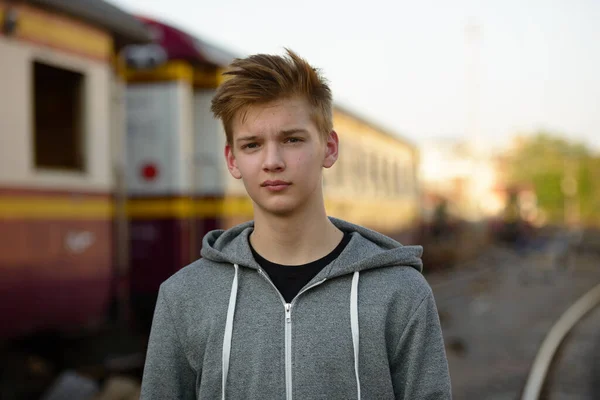 Portrait Young Handsome Teenage Boy Railway Train Station — Stock Photo, Image