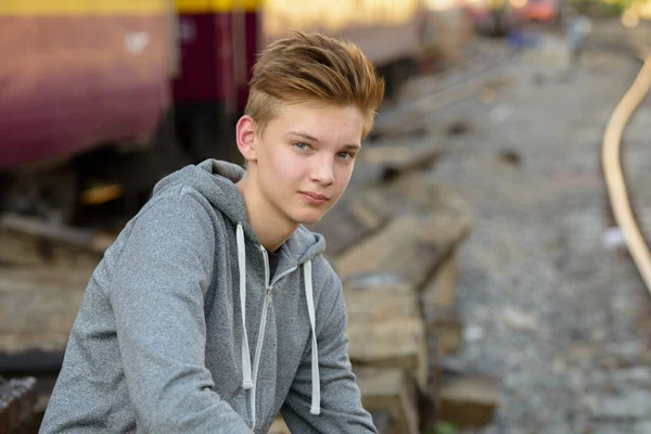 Portrait Young Handsome Teenage Boy Railway Train Station — 스톡 사진