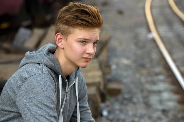 Portrait Young Handsome Teenage Boy Railway Train Station — Stockfoto