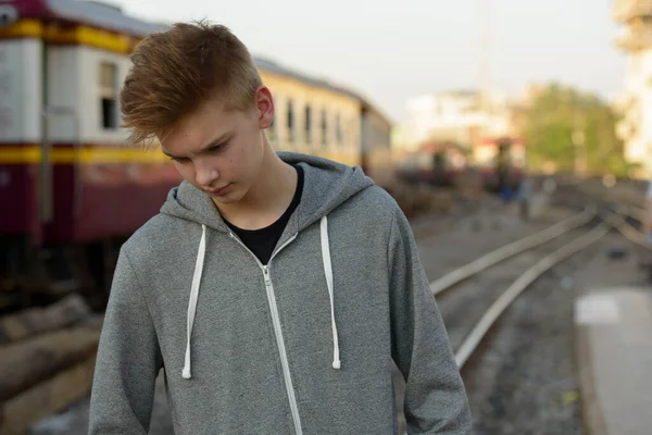 Portrait Young Handsome Teenage Boy Railway Train Station — Stockfoto